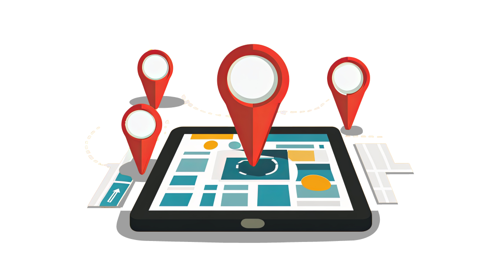 a visualisation of local SEO. Map pin markers on a tablet device